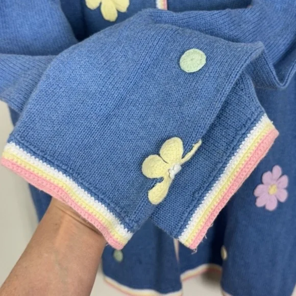 Vintage Granny Core Sweater Embroidered Floral Cardigan Knit Blue Pastel Size XL - Picture 5 of 6